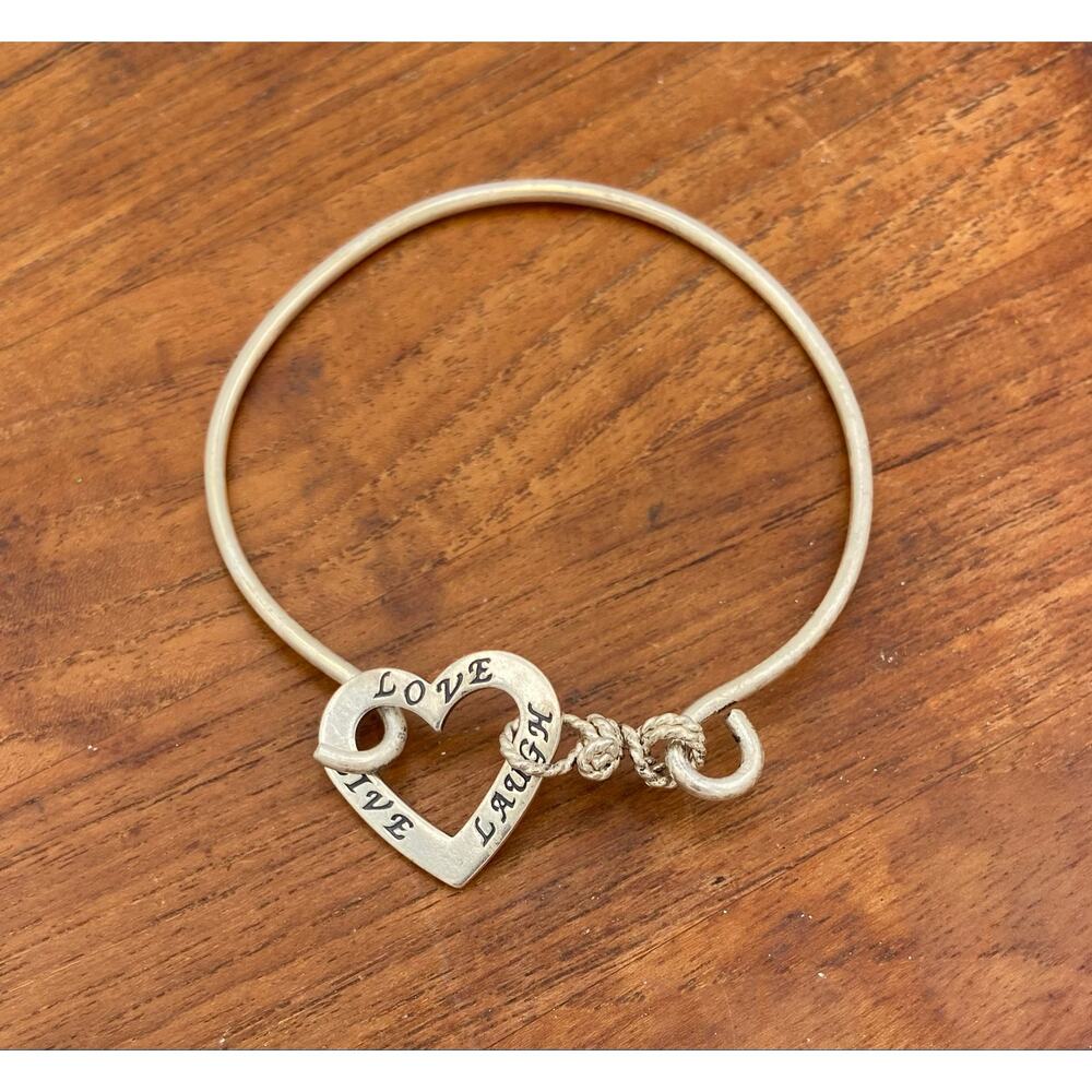 Vintage Sterling Silver Heart Hook Bangle Bracelet 925 Live Love Laugh 7.5"